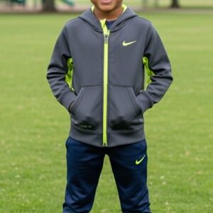 Nike Kids Therma-FIT Full Zip Hoodie – Gray & Neon Yellow (Size 5)
